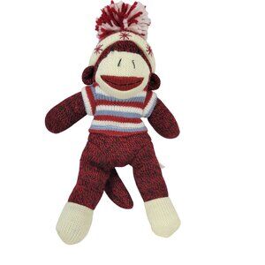Retro Red Knit Cute Sock Monkey Toy Stripe Sweater DanDee Pom Pom Hat Plush Kids
